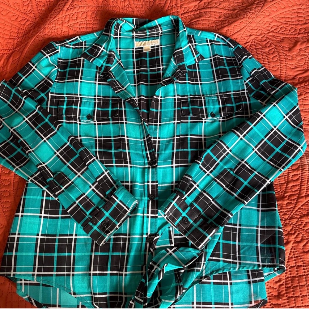 Michael Kors Teal and Black Plaid Blouse